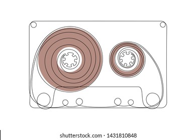 Cassette tape in one line art drawing style. Vector illustration