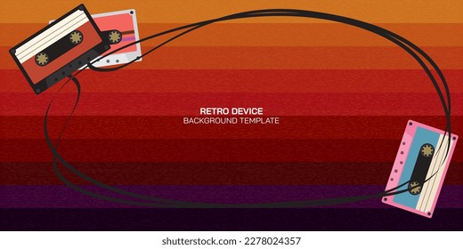 Cassette tape with tape out as a frame with colorful strips background.