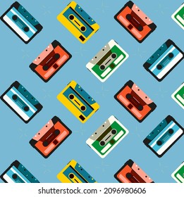 Cassette Tape Pattern, Blue Background