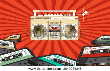 Cassette tape recorder from the 80s surrounded by audio cassettes against a background of diverging rays. Vector illustration