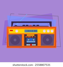 Cassette tape recorder. Vintage device with radio receiver, antenna, handle and stereo speakers. Vector illustration can be used for topics like broadcasting, music listening, old equipment