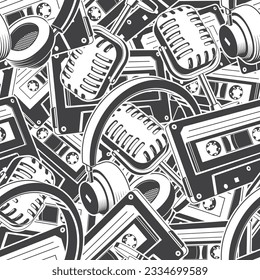 Cassette Tape Seamless, headphones and Retro vintage microphone pattern or background in monochrome silhouette. Vector illustration. Seamless pattern with silhouette with old-fashioned analog mixtapes