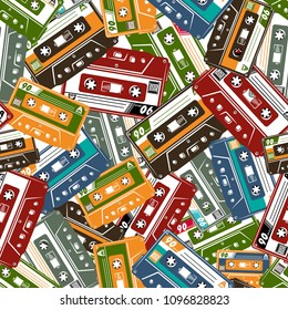 Cassette Tape Seamless pattern in colour. Vector illustration