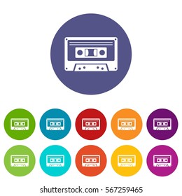 Cassette tape set icons in different colors isolated on white background