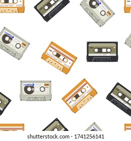 Cassette or tape set seamless pattern on white background. Recorder with songs and music for discos and parties, audiocassette with information. Entertainment or education, vector in flat style