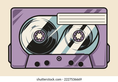 Esbozo de cinta de cassette grabación de color vintage composición musical en cinta magnética con lugar para la firma en ilustración de vector de caja de plástico