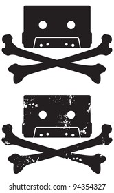 Cassette tape skull and crossbones symbol. Includes grunge and clean versions. Easy to edit vector shapes and colors.