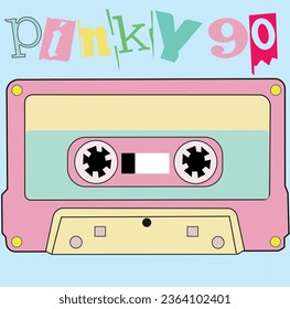 Cassette tape with soft color and alphabet letters of Pinky 90s. Girly color. Thing of 90s era. Tshirt design for 90's retro things.