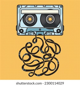 Cassette tape with tangled torn tape pinup pop art retro vector illustration. Comic book style imitation.