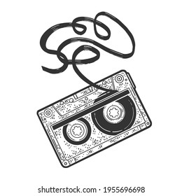 Cassette tape with tangled torn tape sketch engraving vector illustration. T-shirt apparel print design. Scratch board imitation. Black and white hand drawn image.