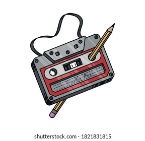 Cassette tape vector illustration. Old-fashioned tape cassette. Sticker with contour. Isolated on white background