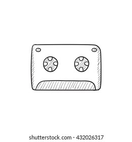 Kassette, Vektorgrafik-Skizze Symbol einzeln auf Hintergrund. Handgezeichnetes Kassettensymbol. Cassette-Bandskizze Symbol für Infografik, Website oder App.