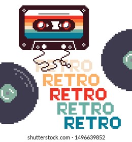 Cassette tape and vinyl. Vinyl music record. vintage gramophone disc. Retro vintage mixtape . Vector pixel art illustration. 8 bit