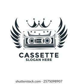 Cassette tape with wings and crown logo vector illustration. Retro music logo design concept