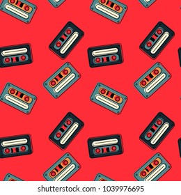 Cassette tapes floating seamless pattern. Authentic design for digital and print media.