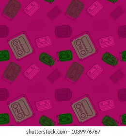 Cassette tapes floating seamless pattern. Authentic design for digital and print media.