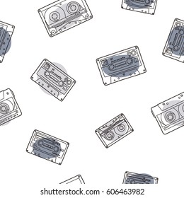 Cassette tapes pattern in doodle style. Vector seamless background. Ready for printing on textile and other seamless design.