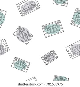 Cassette tapes pattern in doodle style. Vector seamless background. Ready for printing on textile and other seamless design.