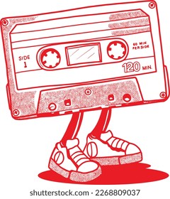 cassette tapes, popular in the 90s. Illustrated with outline only in retro cartoon style. suitable for t-shirt designs, stickers and others