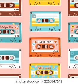 Cassette tapes seamless pattern. Vector illustration of retro compact cassettes and mixtapes in colorful flat style.