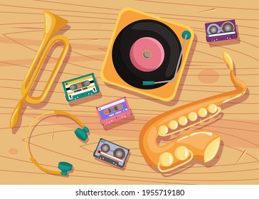 Cassette tapes, vinyl player and musical instruments on table. Tapes, record player, saxophone, trumpet and headphones cartoon illustration. Nostalgia, music, retro technology design, vintage concept