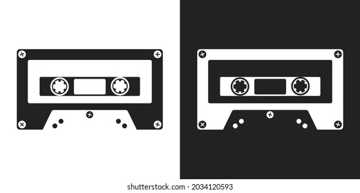 Cassette vector icon on white and black background. 90s. 