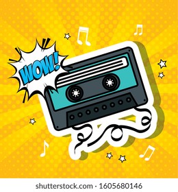 cassette with wow lettering pop art style icon vector illustration design