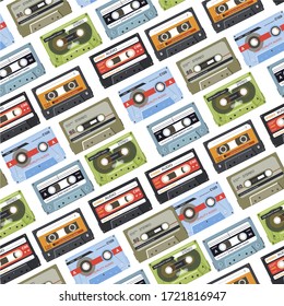Casetes y cintas de audio en blanco. Audiocasette con música, disco retro para escuchar canciones en los años 80 y 90. Mezcla o carrete usado para discotecas y fiestas. Vector de estilo plano