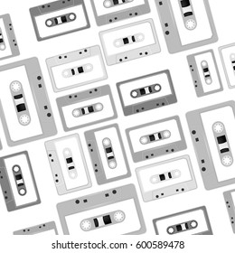 Cassettes background. Vector black and white illustration compact tape cassettes. Web graphics, banners, advertisements, stickers, labels, business templates, t-shirt. Isolated on a white background.