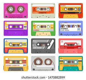 Cassettes. Different color music tape retro audio cassette. Old school 90s record technology vintage media device. Vector outdated equipment taped stereo fashion set