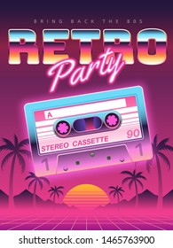 Cassettes poster. Retro disco party 80s, 90s banner, vintage audio cassette club flyer, festival invitation cover. Vector music fluorescent summer night background