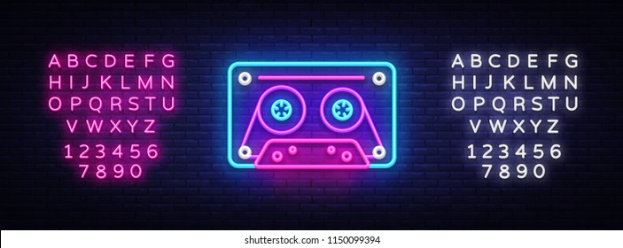 Cassettes for tape recorder neon sign vector. Retro Music Design template neon sign, Retro Style 80-90s, celebration light banner, tape recorder, nightly bright advertising.