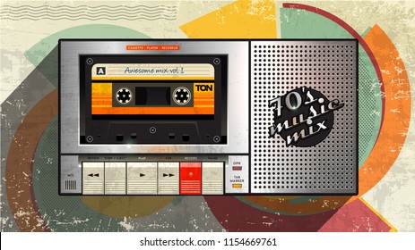 Cassettophone 70's music cover. Awesome mix volume. Retro cassette recorder player trendy background style. Disco party 1970, dance night. Radio popular playlist. Easy editable for Your poster, banner