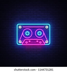 Cassetts for tape recorder neon sign vector. Retro Music Design template neon sign, Retro Style 80-90s, celebration light banner, tape recorder neon signboard, nightly bright advertising. Vector