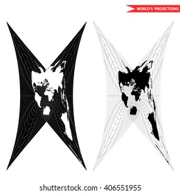 Cassini world map projection. Black and white world map vector illustration.
