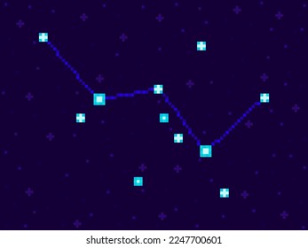 Cassiopeia constellation in pixel art style. 8-bit stars in the night sky in retro video game style. Cluster of stars and galaxies. Design for applications, banners and posters. Vector illustration