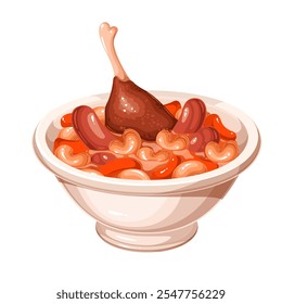 Cassoulet, francês desenho animado lento cozido ensopado com carne. Pote de sopa rústica tradicional com pato, salsichas e feijão. Cozinha do sul da França mascote, desenho animado caseiro vetor cassoulet ilustração