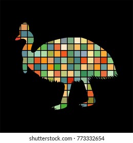 Cassowary bird mosaic color silhouette animal background black