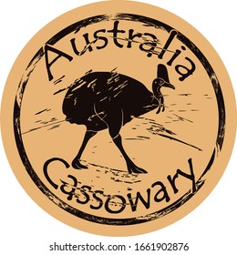 Cassowary bird silhouette icon round shabby emblem design old retro style. Southern Cassowary in full growth logo mail stamp on craft paper vintage grunge sign. The largest flightless bird on planet.