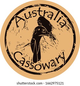 Cassowary bird silhouette icon round shabby emblem design old retro style. Southern Cassowary head logo mail stamp on craft paper vintage grunge sign. The largest flightless bird on planet.
