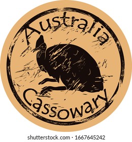 Cassowary bird silhouette icon round shabby emblem design old retro style. Southern Cassowary in full growth logo mail stamp on craft paper vintage grunge sign. The largest flightless bird on planet.