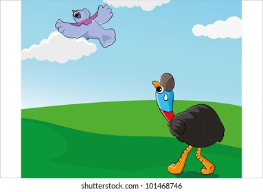 Cassowary bird which felt dumped by crowned pigeon bird which flying in the sky