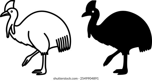 Cassowary Icons. Black and White Vector Illustrations. Flightless Large Tropical Bird. Cassowary with Long Legs, Feathers, Beak, and Crest on Head. For Coloring Book Design. Animal Concept
