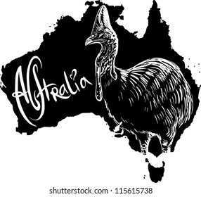 Cassowary on map of Australia. Black and white vector illustration.