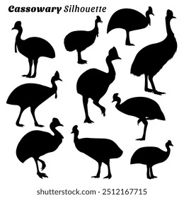 Cassowary silhouettes vector illustration set