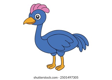 Cassowary Vector Illustration | Linocut, Kawaii, Cartoon, Clipart, Line Art Design.