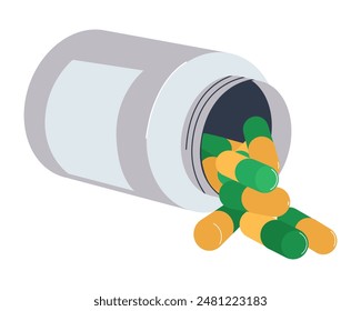 The cassulas spilled out of the jar. Medical medicine. Tablets for treatment. Flat vector illustration, eps10