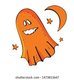 The cast flies among the month and the stars in the vector on an isolated white background. A Ghost in the night sky. Happy Halloween. Simple, modern style. Orange, red.