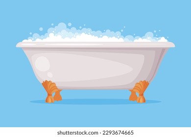 Cast Iron Bathtub on Claw Foot Pedestal Full of Water with Soap Bubbles Foam Isolated on Blue Background Vector Illustration