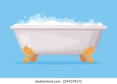 Cast Iron Bathtub on Claw Foot Pedestal Full of Water with Soap Bubbles Foam Isolated on Blue Background Vector Illustration